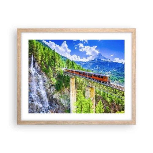 Plakat i ramme af lyst egetræ - Jernbane til Alperne - 50x40 cm