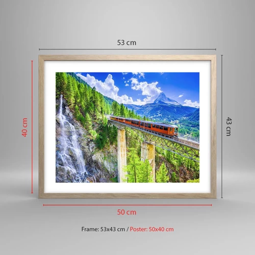 Plakat i ramme af lyst egetræ - Jernbane til Alperne - 50x40 cm