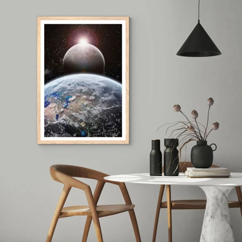 Plakat i ramme af lyst egetræ - Kosmisk landskab - solopgang - 30x40 cm