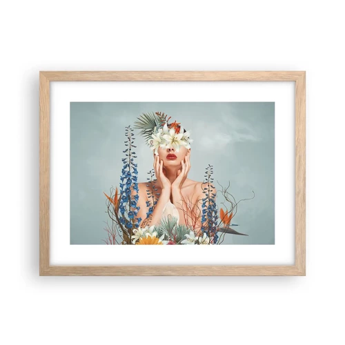 Plakat i ramme af lyst egetræ - Kvinde blomst - 40x30 cm