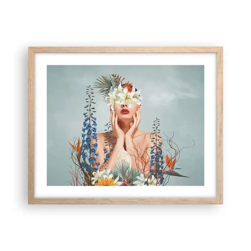 Plakat i ramme af lyst egetræ - Kvinde blomst - 50x40 cm