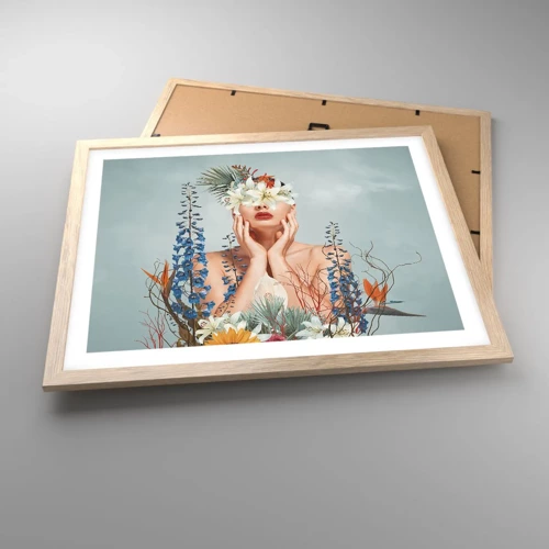 Plakat i ramme af lyst egetræ - Kvinde blomst - 50x40 cm