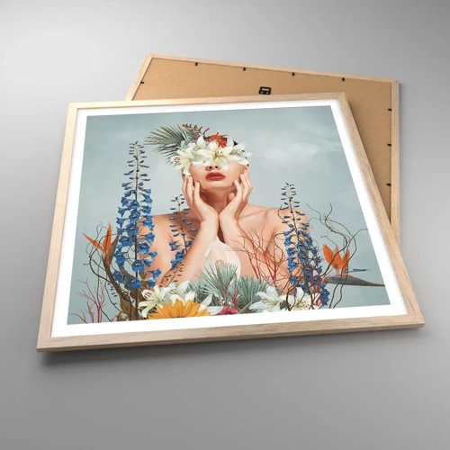 Plakat i ramme af lyst egetræ - Kvinde blomst - 60x60 cm