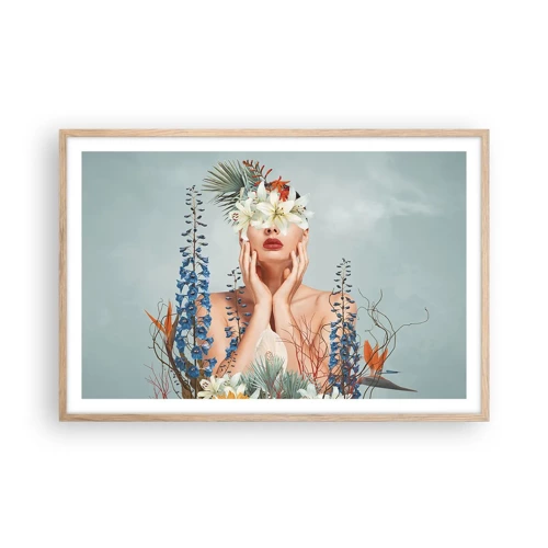Plakat i ramme af lyst egetræ - Kvinde blomst - 91x61 cm