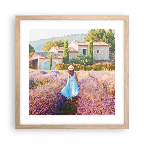 Plakat i ramme af lyst egetræ - Lavendel pige - 40x40 cm