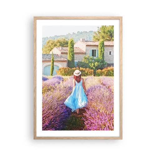 Plakat i ramme af lyst egetræ - Lavendel pige - 50x70 cm
