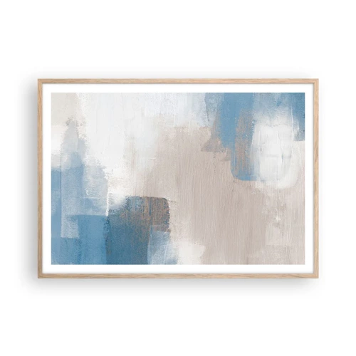 Plakat i ramme af lyst egetræ - Lyserød abstraktion bag et slør af blåt - 100x70 cm