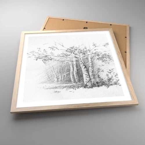 Plakat i ramme af lyst egetræ - Lyset fra birkeskoven - 50x50 cm