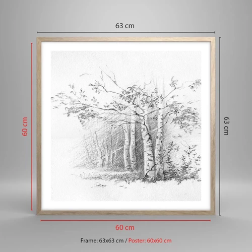 Plakat i ramme af lyst egetræ - Lyset fra birkeskoven - 60x60 cm