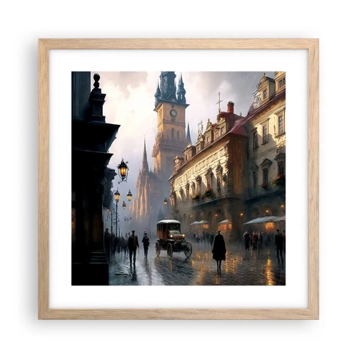 Plakat i ramme af lyst egetræ - Magien i en aften i Prag - 40x40 cm