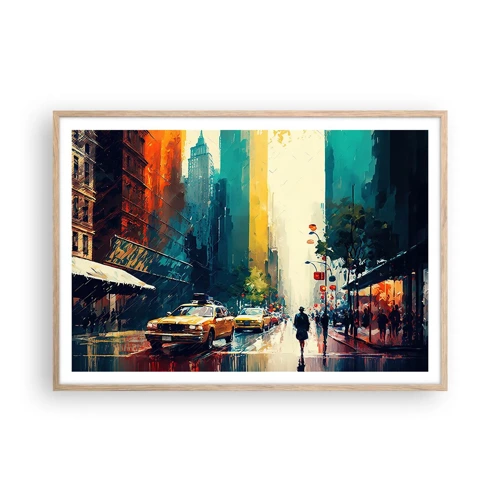 Plakat i ramme af lyst egetræ - New York - her er selv regnen farverig - 100x70 cm