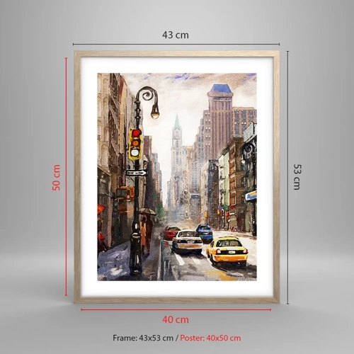 Plakat i ramme af lyst egetræ - New York - også farverig i regnvejr - 40x50 cm