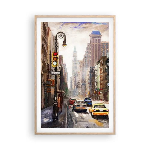 Plakat i ramme af lyst egetræ - New York - også farverig i regnvejr - 61x91 cm