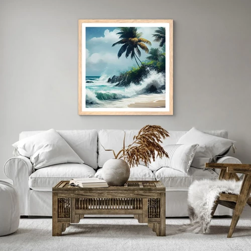 Plakat i ramme af lyst egetræ - På en tropisk strand - 30x30 cm
