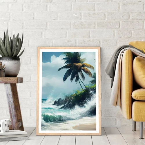 Plakat i ramme af lyst egetræ - På en tropisk strand - 40x50 cm