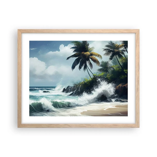 Plakat i ramme af lyst egetræ - På en tropisk strand - 50x40 cm