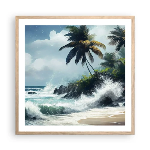 Plakat i ramme af lyst egetræ - På en tropisk strand - 60x60 cm
