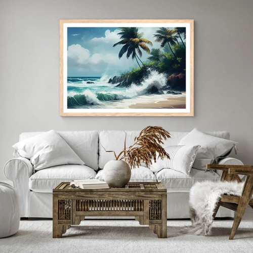 Plakat i ramme af lyst egetræ - På en tropisk strand - 70x50 cm