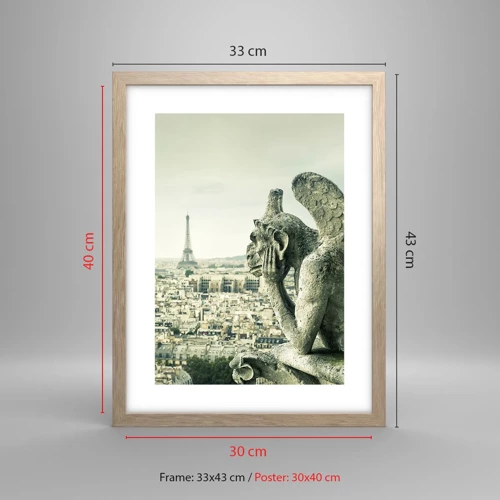 Plakat i ramme af lyst egetræ - Parisisk chat - 30x40 cm