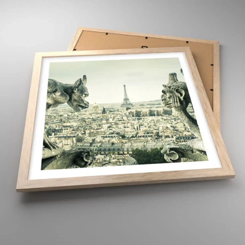 Plakat i ramme af lyst egetræ - Parisisk chat - 40x40 cm