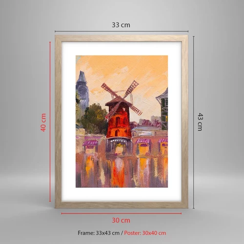 Plakat i ramme af lyst egetræ - Parisiske ikoner - Moulin Rouge - 30x40 cm