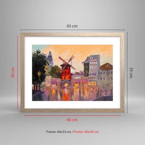 Plakat i ramme af lyst egetræ - Parisiske ikoner - Moulin Rouge - 40x30 cm