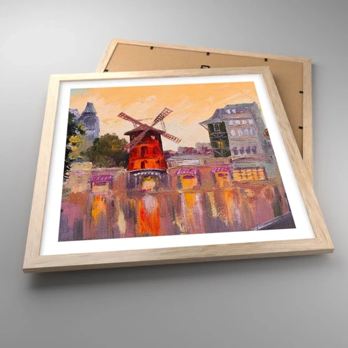 Plakat i ramme af lyst egetræ - Parisiske ikoner - Moulin Rouge - 40x40 cm