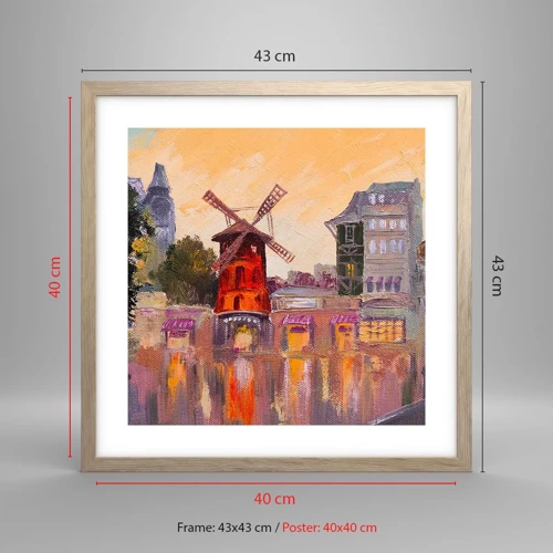 Plakat i ramme af lyst egetræ - Parisiske ikoner - Moulin Rouge - 40x40 cm