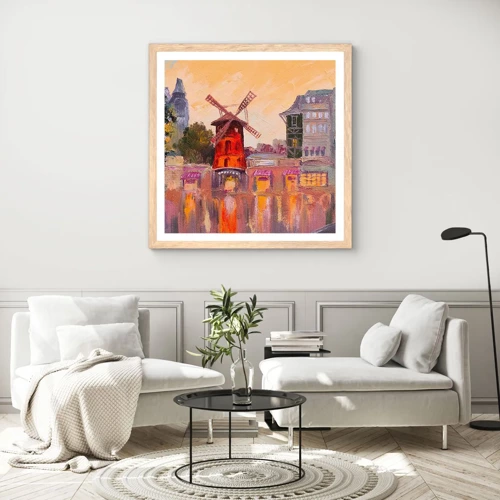 Plakat i ramme af lyst egetræ - Parisiske ikoner - Moulin Rouge - 40x40 cm