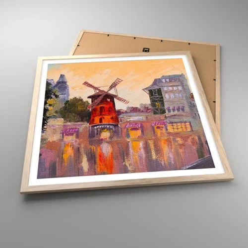 Plakat i ramme af lyst egetræ - Parisiske ikoner - Moulin Rouge - 60x60 cm