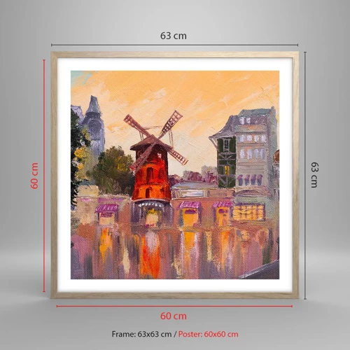 Plakat i ramme af lyst egetræ - Parisiske ikoner - Moulin Rouge - 60x60 cm