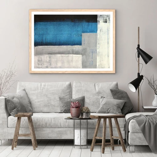 Plakat i ramme af lyst egetræ - Poetisk komposition af grå og blå - 50x40 cm
