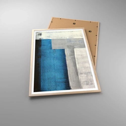 Plakat i ramme af lyst egetræ - Poetisk komposition af grå og blå - 61x91 cm