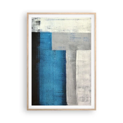 Plakat i ramme af lyst egetræ - Poetisk komposition af grå og blå - 70x100 cm
