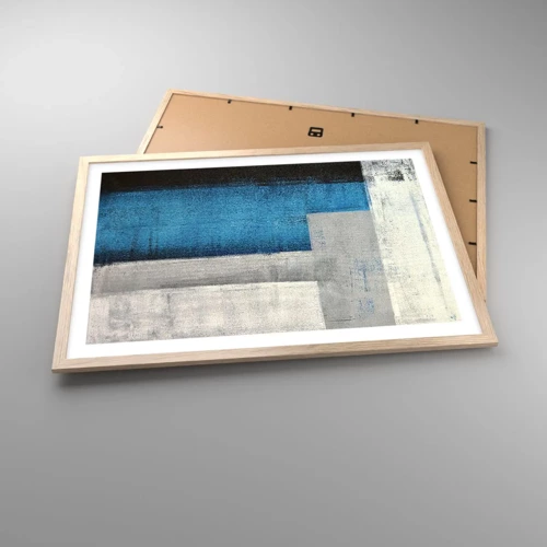 Plakat i ramme af lyst egetræ - Poetisk komposition af grå og blå - 70x50 cm
