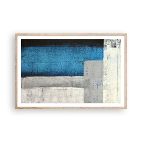 Plakat i ramme af lyst egetræ - Poetisk komposition af grå og blå - 91x61 cm