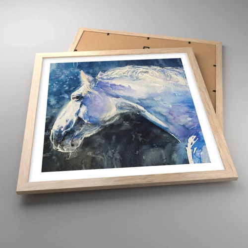 Plakat i ramme af lyst egetræ - Portræt i et blåt skær - 40x40 cm