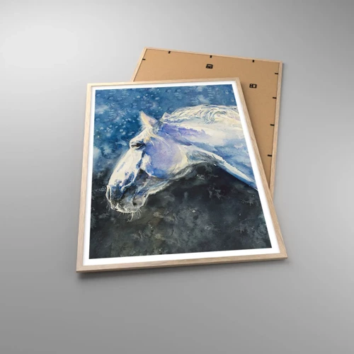 Plakat i ramme af lyst egetræ - Portræt i et blåt skær - 70x100 cm