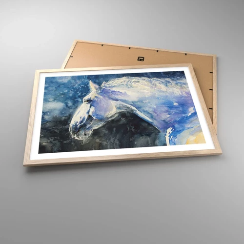 Plakat i ramme af lyst egetræ - Portræt i et blåt skær - 70x50 cm
