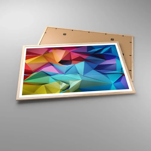 Plakat i ramme af lyst egetræ - Regnbue origami - 91x61 cm