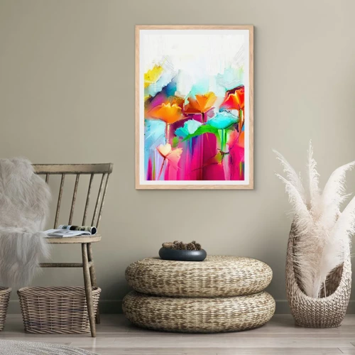 Plakat i ramme af lyst egetræ - Regnbuen i blomstring - 50x70 cm