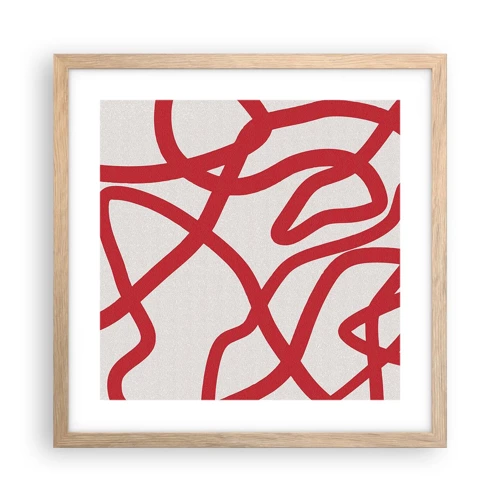 Plakat i ramme af lyst egetræ - Rød på hvid - 40x40 cm