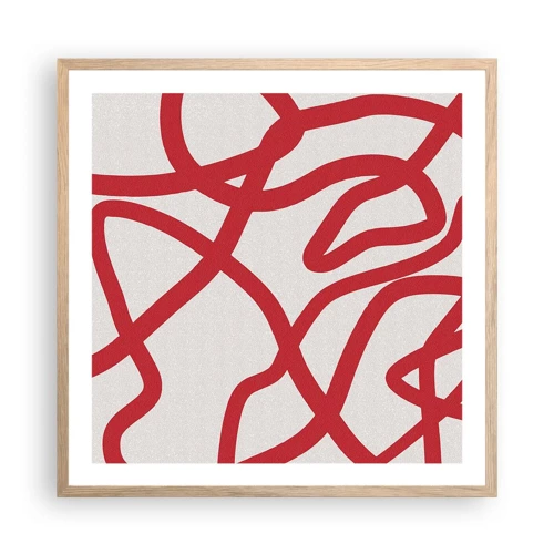 Plakat i ramme af lyst egetræ - Rød på hvid - 60x60 cm