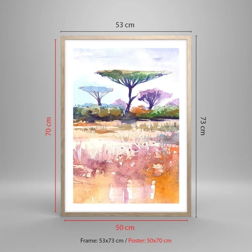 Plakat i ramme af lyst egetræ - Savannens farver - 50x70 cm