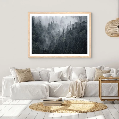 Plakat i ramme af lyst egetræ - Skovens daggry - 100x70 cm