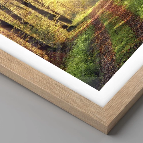 Plakat i ramme af lyst egetræ - Skovgylden stilhed - 40x40 cm