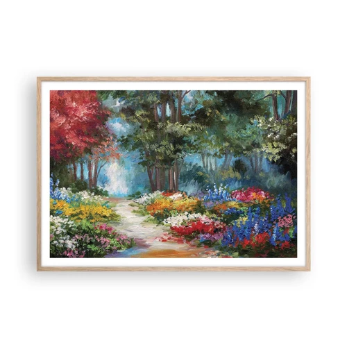Plakat i ramme af lyst egetræ - Skovhave, blomsterskov - 100x70 cm