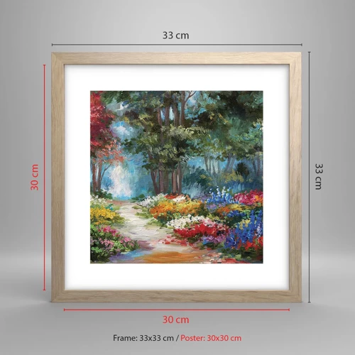 Plakat i ramme af lyst egetræ - Skovhave, blomsterskov - 30x30 cm