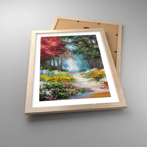 Plakat i ramme af lyst egetræ - Skovhave, blomsterskov - 30x40 cm