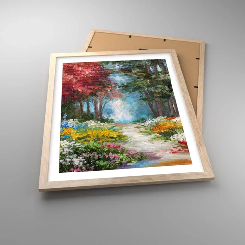Plakat i ramme af lyst egetræ - Skovhave, blomsterskov - 40x50 cm